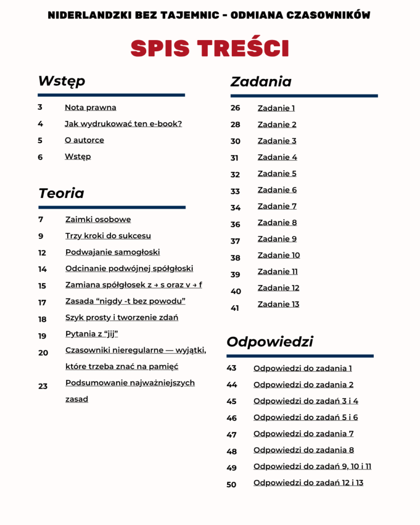 Spis treści ebooka o odmianie czasowników niderlandzkich