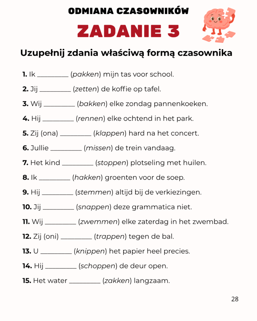 Strona z ebooka: ćwiczenie z lukami do uzupełnienia formą czasownika niderlandzkiego